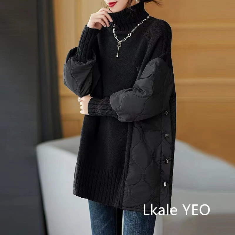 Women's Winter Parka Coat 2025 Fashion Versatile Lady Splicing Knitted Outerwear Temperament Casual Ladies Sweater Jacket