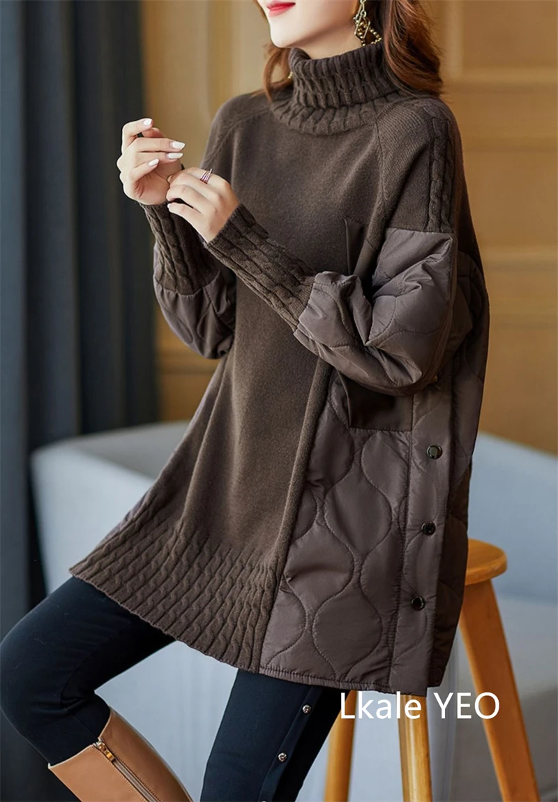 Women's Winter Parka Coat 2025 Fashion Versatile Lady Splicing Knitted Outerwear Temperament Casual Ladies Sweater Jacket