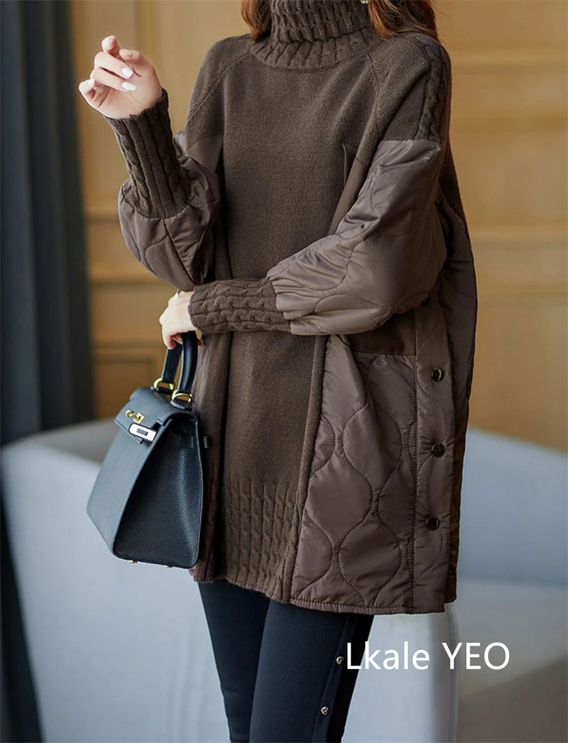 Women's Winter Parka Coat 2025 Fashion Versatile Lady Splicing Knitted Outerwear Temperament Casual Ladies Sweater Jacket
