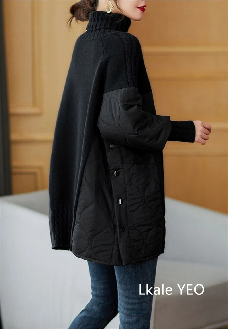 Women's Winter Parka Coat 2025 Fashion Versatile Lady Splicing Knitted Outerwear Temperament Casual Ladies Sweater Jacket