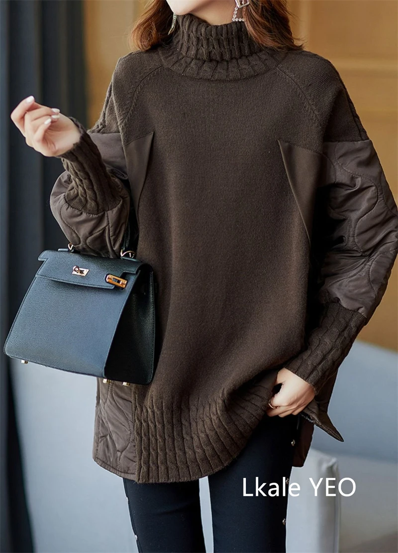 Women's Winter Parka Coat 2025 Fashion Versatile Lady Splicing Knitted Outerwear Temperament Casual Ladies Sweater Jacket