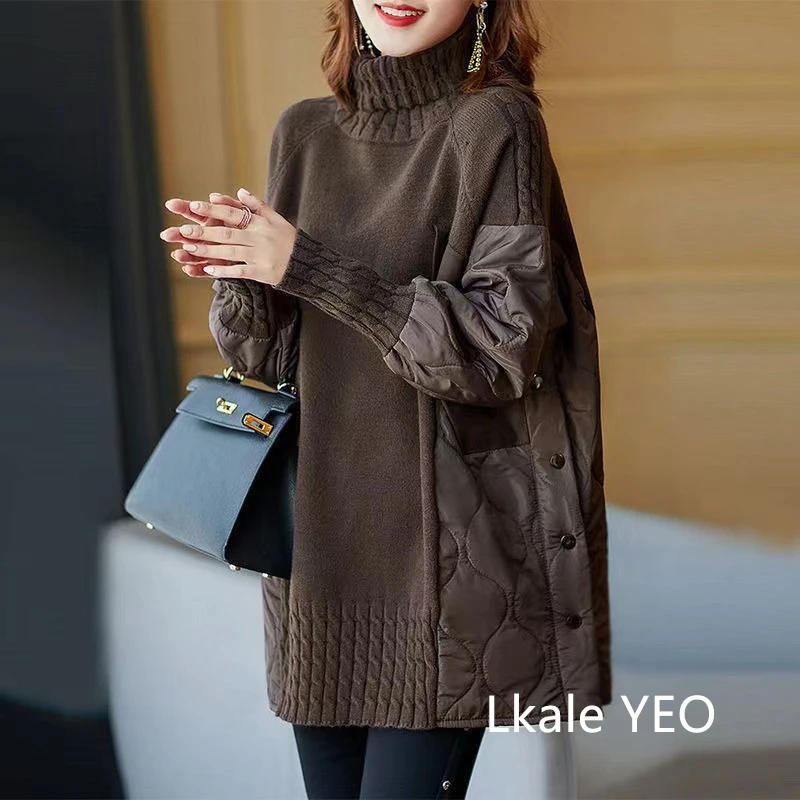 Women's Winter Parka Coat 2025 Fashion Versatile Lady Splicing Knitted Outerwear Temperament Casual Ladies Sweater Jacket