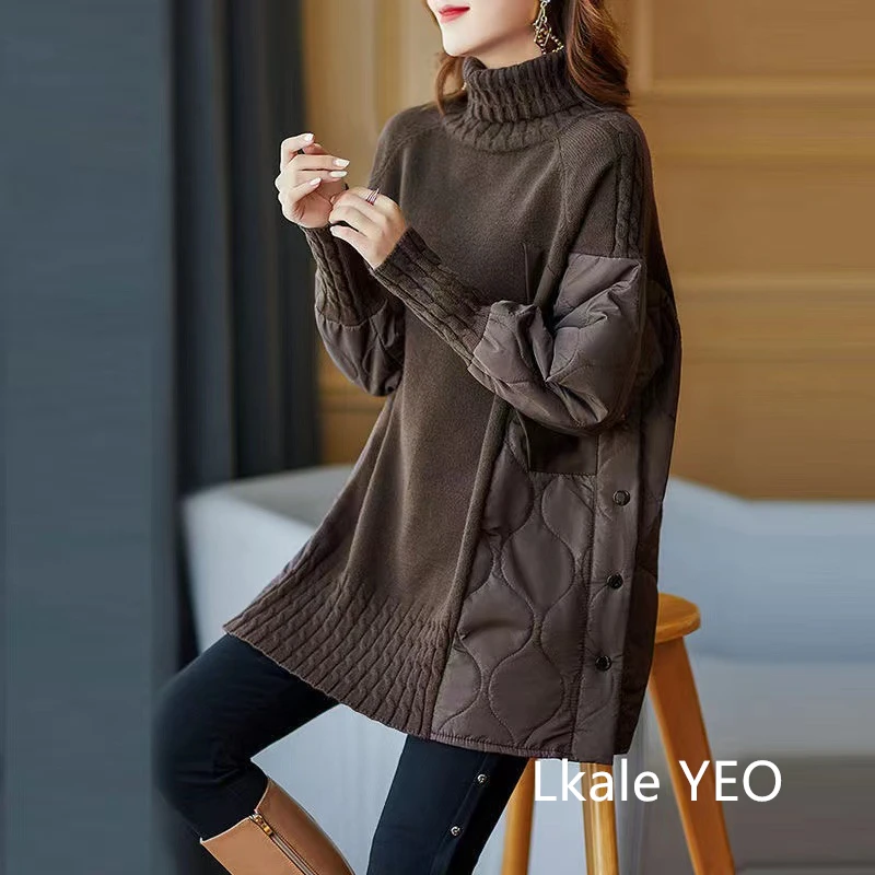 Women's Winter Parka Coat 2025 Fashion Versatile Lady Splicing Knitted Outerwear Temperament Casual Ladies Sweater Jacket