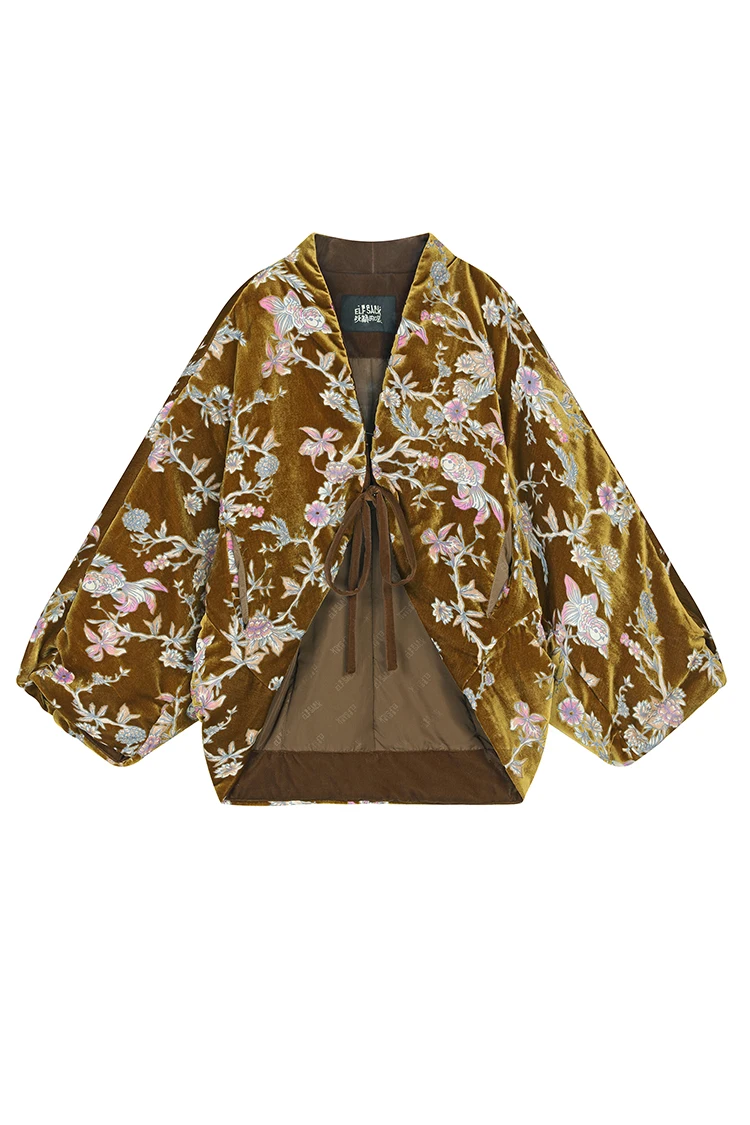 ELFSACK Chinese Velvet Jacket with Floral & Goldfish Embroidery, Royal Elegant Loose Coat , V-Neck Vintage Outerwear