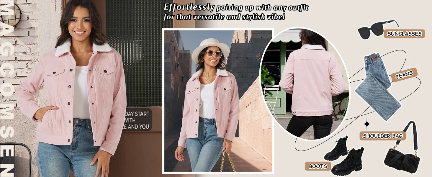 TACVASEN Corduroy Sherpa Fleece Lined Heavy Jackets Womens Fashion Fuzzy Casual Outwears Winter Thermal Coats Female Windbreaker