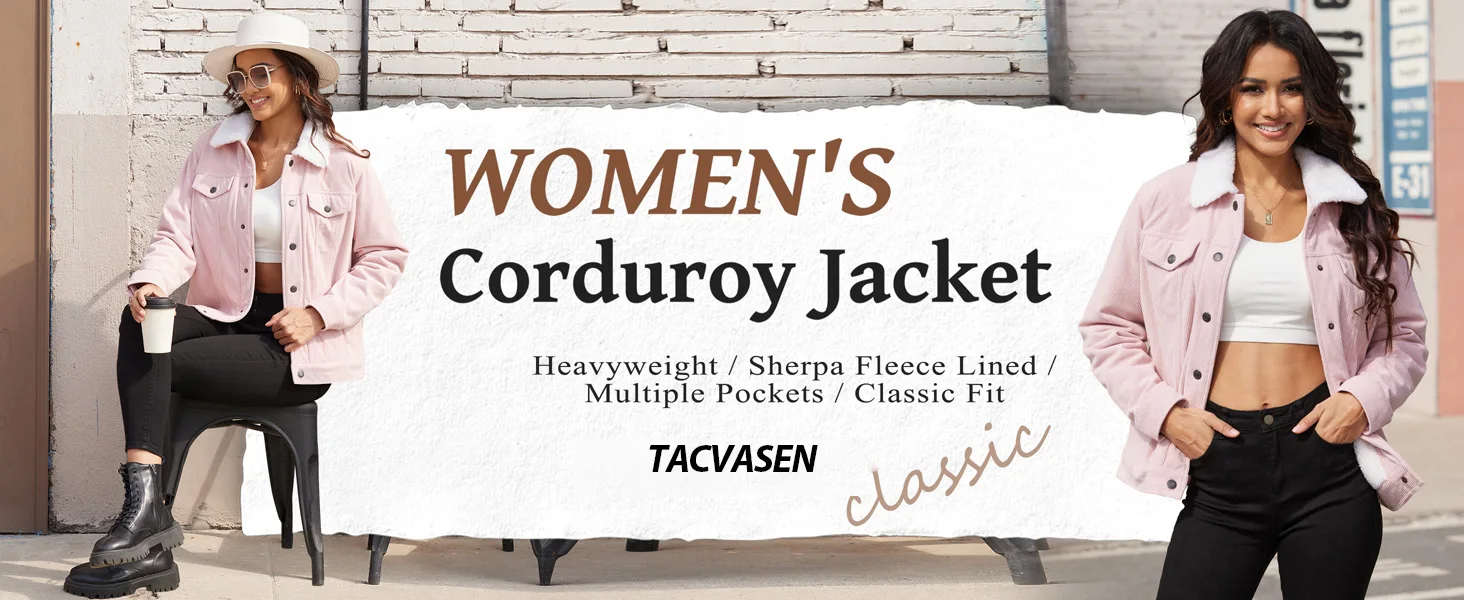 TACVASEN Corduroy Sherpa Fleece Lined Heavy Jackets Womens Fashion Fuzzy Casual Outwears Winter Thermal Coats Female Windbreaker