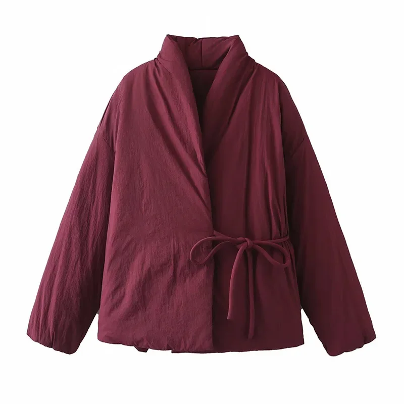 Casual Women's Brown Lace Up Cotton Coat Stand Collar Long Sleeve Pocket Thick Jackets 2025 Autumn Winter Lady Warm Outerwear