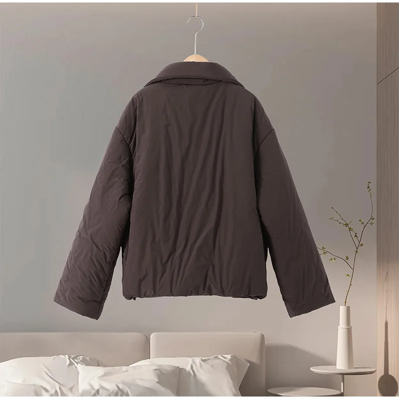 Casual Women's Brown Lace Up Cotton Coat Stand Collar Long Sleeve Pocket Thick Jackets 2025 Autumn Winter Lady Warm Outerwear