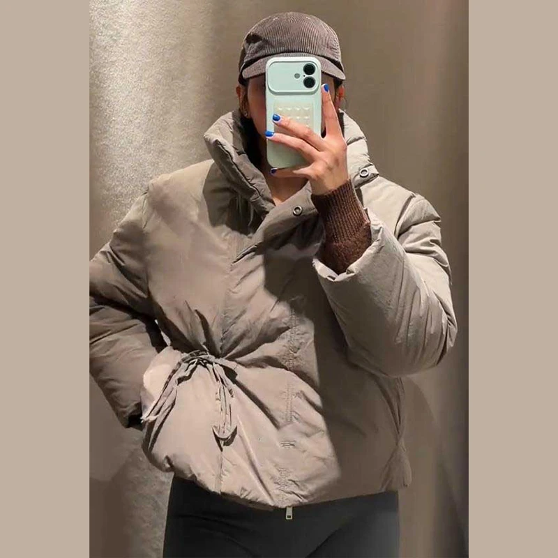 Casual Women's Brown Lace Up Cotton Coat Stand Collar Long Sleeve Pocket Thick Jackets 2025 Autumn Winter Lady Warm Outerwear
