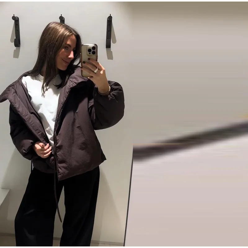 Casual Women's Brown Lace Up Cotton Coat Stand Collar Long Sleeve Pocket Thick Jackets 2025 Autumn Winter Lady Warm Outerwear