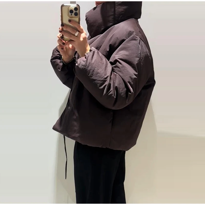 Casual Women's Brown Lace Up Cotton Coat Stand Collar Long Sleeve Pocket Thick Jackets 2025 Autumn Winter Lady Warm Outerwear