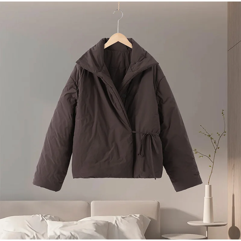 Casual Women's Brown Lace Up Cotton Coat Stand Collar Long Sleeve Pocket Thick Jackets 2025 Autumn Winter Lady Warm Outerwear