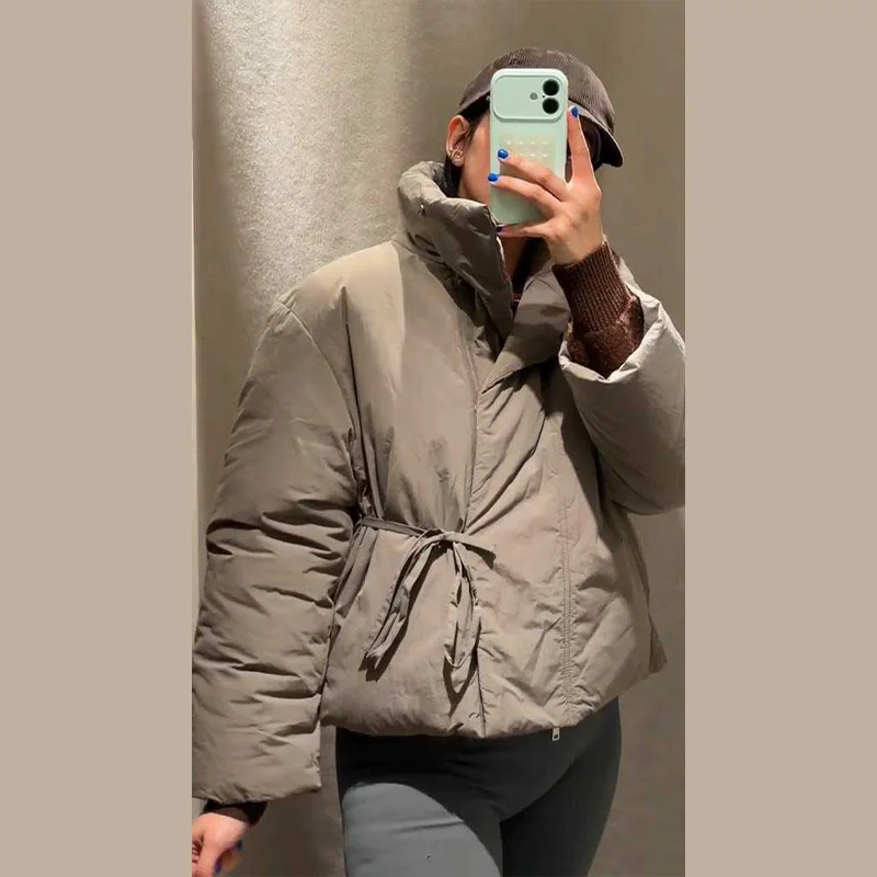 Casual Women's Brown Lace Up Cotton Coat Stand Collar Long Sleeve Pocket Thick Jackets 2025 Autumn Winter Lady Warm Outerwear