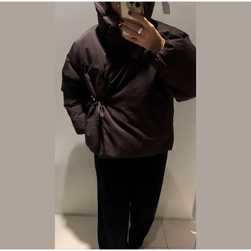 Casual Women's Brown Lace Up Cotton Coat Stand Collar Long Sleeve Pocket Thick Jackets 2025 Autumn Winter Lady Warm Outerwear