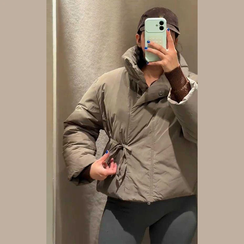 Casual Women's Brown Lace Up Cotton Coat Stand Collar Long Sleeve Pocket Thick Jackets 2025 Autumn Winter Lady Warm Outerwear