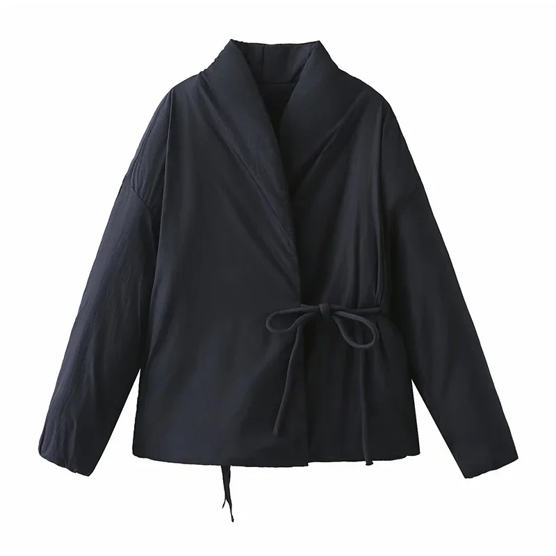 Casual Women's Brown Lace Up Cotton Coat Stand Collar Long Sleeve Pocket Thick Jackets 2025 Autumn Winter Lady Warm Outerwear