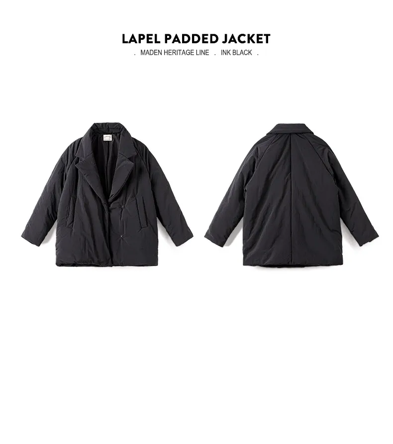 Maden Women's Cotton-padded Lapel Coat Loose Fit Warm Short Puffer Jacket Casual Commuter Black Korea Parkas Winter Outerwear