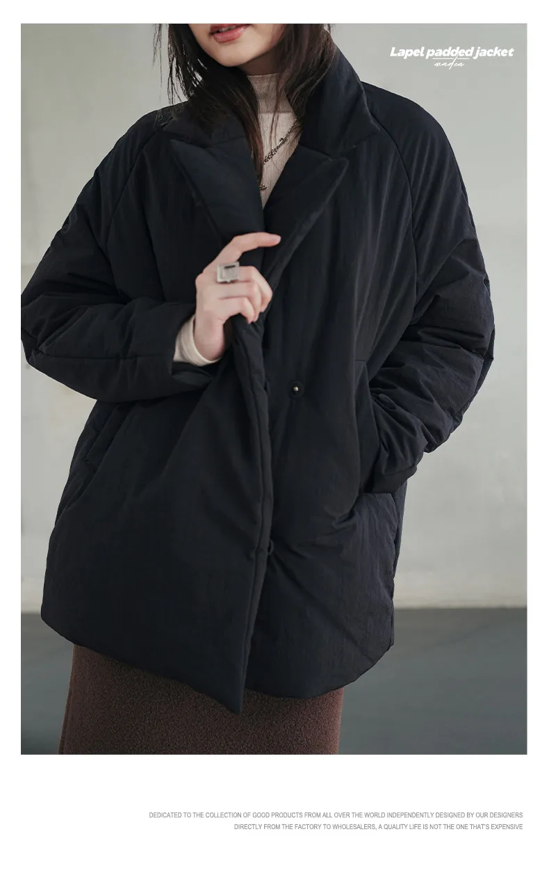 Maden Women's Cotton-padded Lapel Coat Loose Fit Warm Short Puffer Jacket Casual Commuter Black Korea Parkas Winter Outerwear