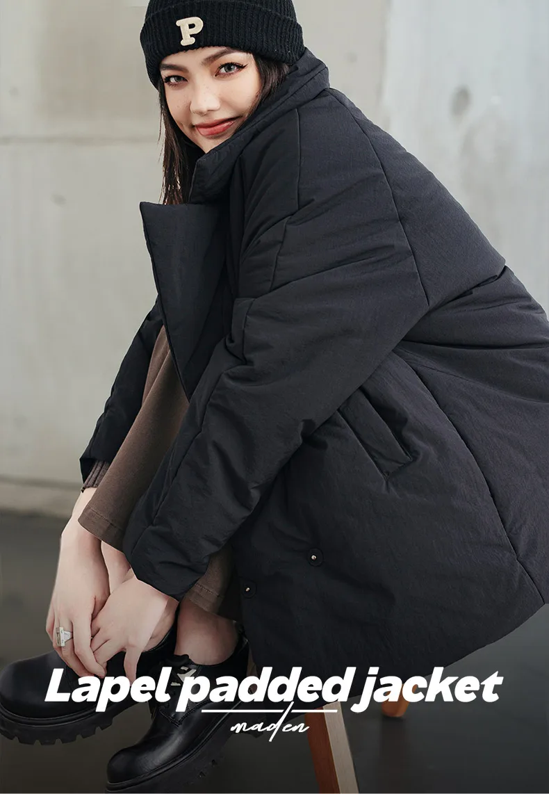 Maden Women's Cotton-padded Lapel Coat Loose Fit Warm Short Puffer Jacket Casual Commuter Black Korea Parkas Winter Outerwear