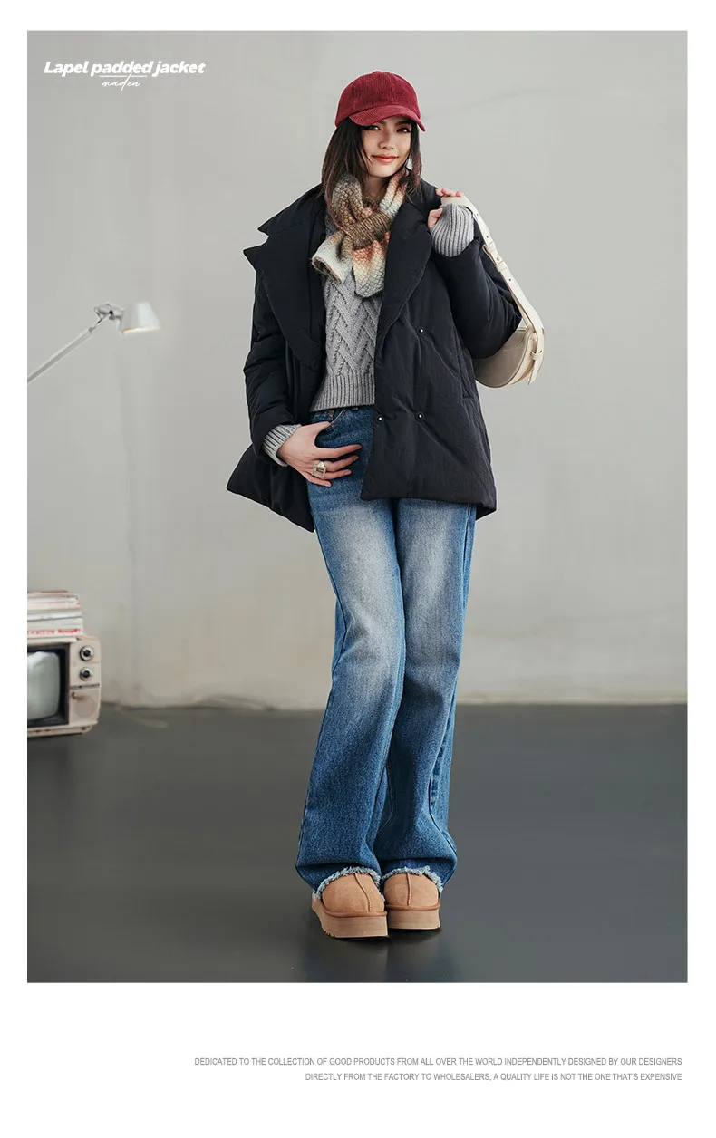 Maden Women's Cotton-padded Lapel Coat Loose Fit Warm Short Puffer Jacket Casual Commuter Black Korea Parkas Winter Outerwear
