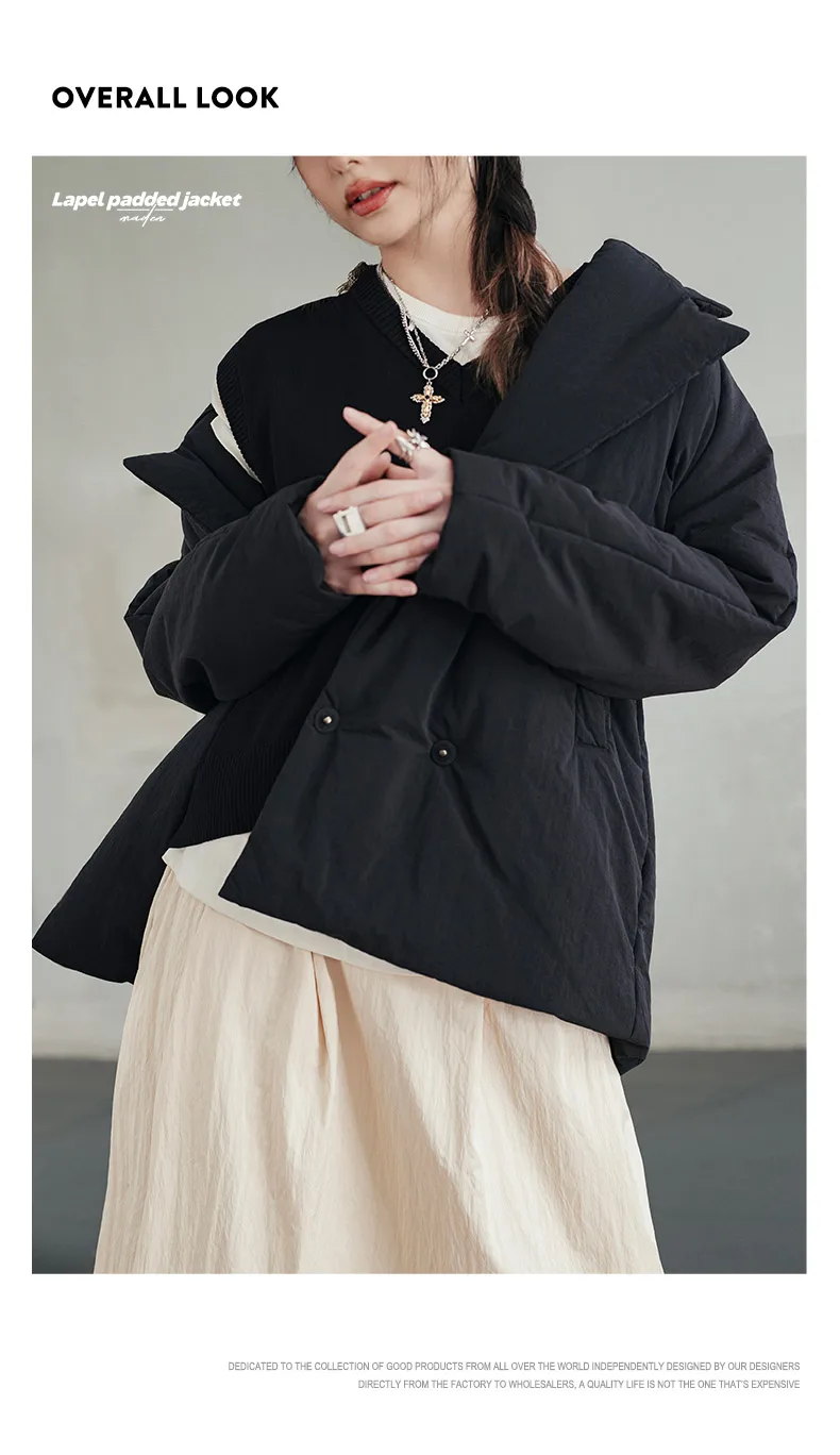 Maden Women's Cotton-padded Lapel Coat Loose Fit Warm Short Puffer Jacket Casual Commuter Black Korea Parkas Winter Outerwear