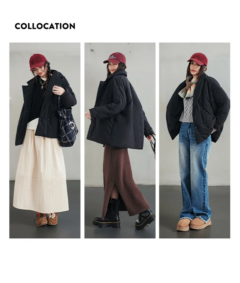 Maden Women's Cotton-padded Lapel Coat Loose Fit Warm Short Puffer Jacket Casual Commuter Black Korea Parkas Winter Outerwear