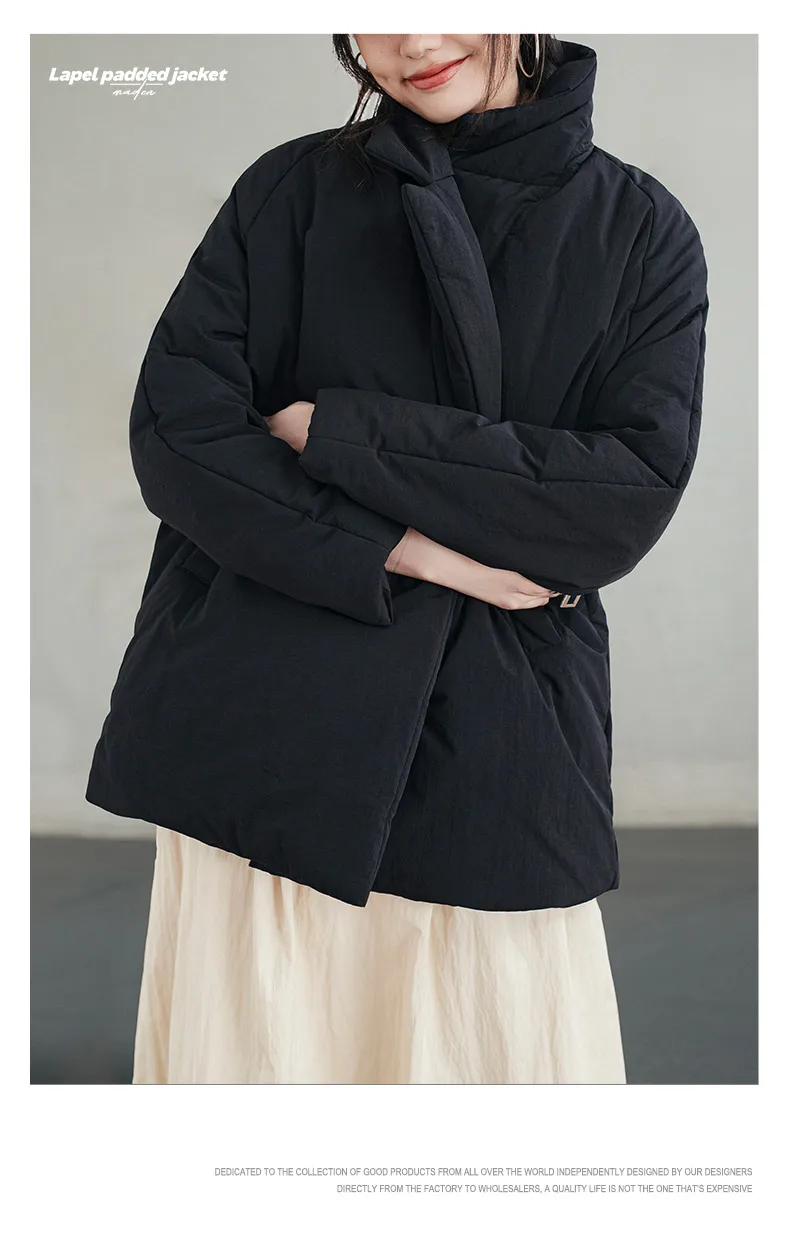 Maden Women's Cotton-padded Lapel Coat Loose Fit Warm Short Puffer Jacket Casual Commuter Black Korea Parkas Winter Outerwear