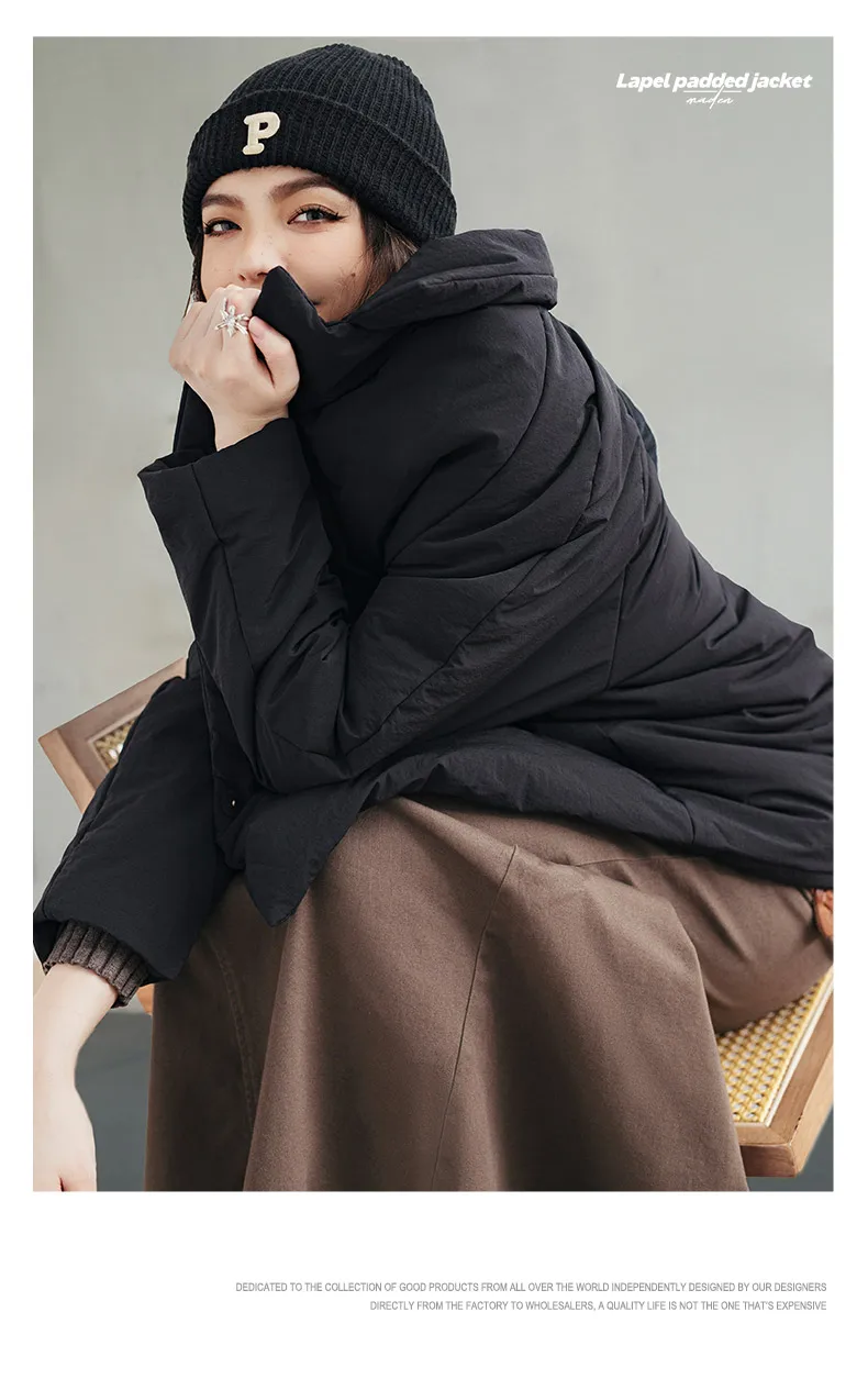 Maden Women's Cotton-padded Lapel Coat Loose Fit Warm Short Puffer Jacket Casual Commuter Black Korea Parkas Winter Outerwear