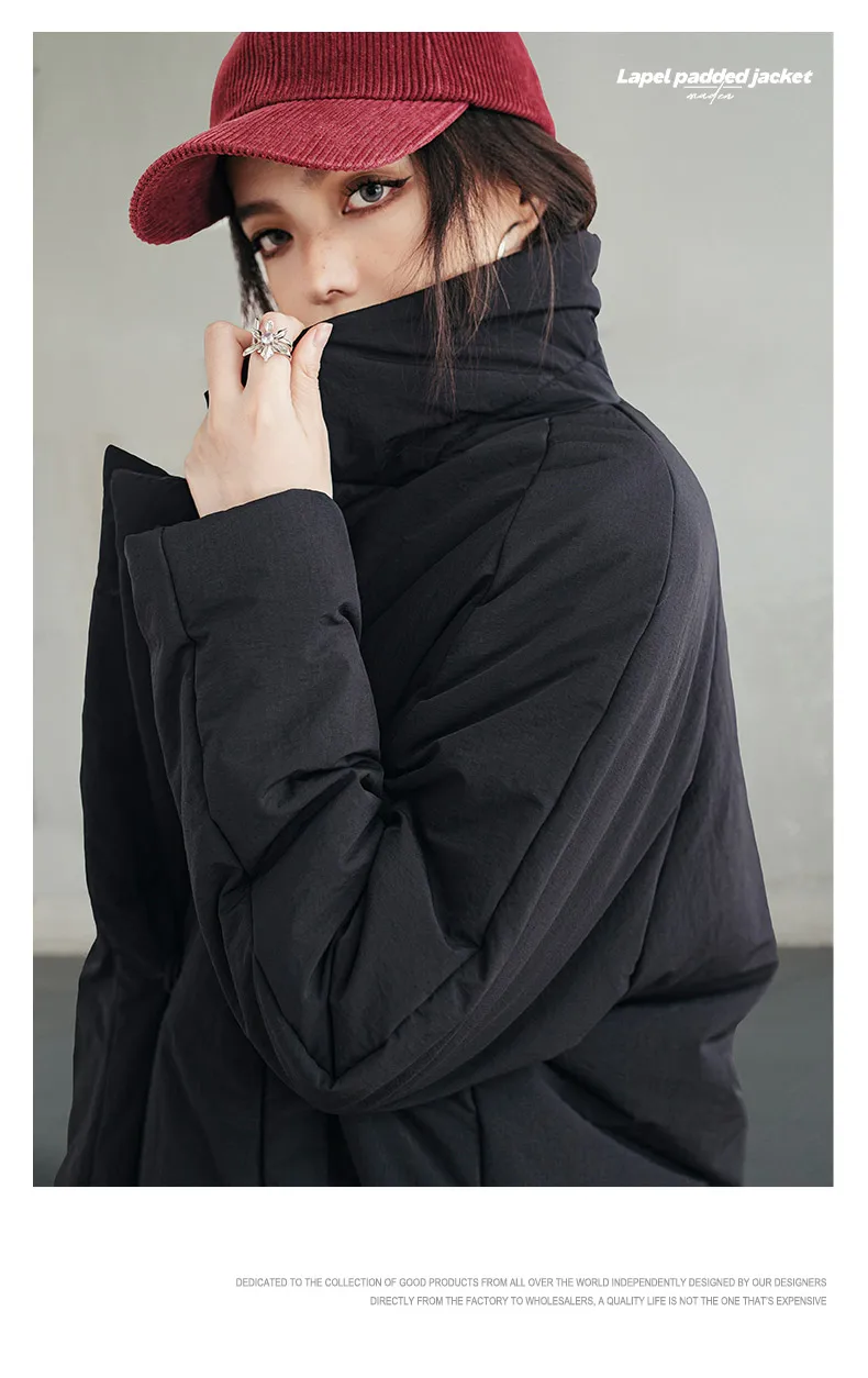 Maden Women's Cotton-padded Lapel Coat Loose Fit Warm Short Puffer Jacket Casual Commuter Black Korea Parkas Winter Outerwear