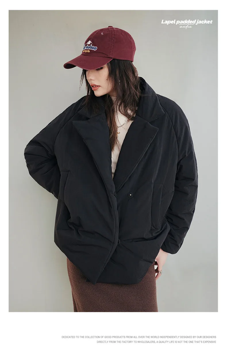 Maden Women's Cotton-padded Lapel Coat Loose Fit Warm Short Puffer Jacket Casual Commuter Black Korea Parkas Winter Outerwear