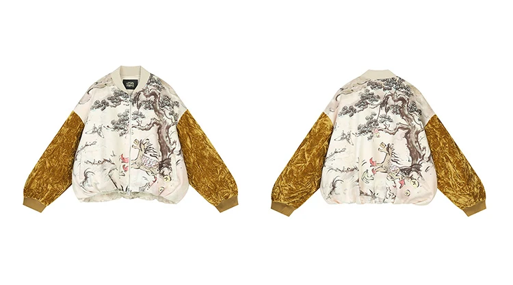 ELFSACK 2026 Oriental Royal Winter Jacket Women, Velvet Sleeve Horse Print Loose Coat, Winter Outerwear with Pine Print