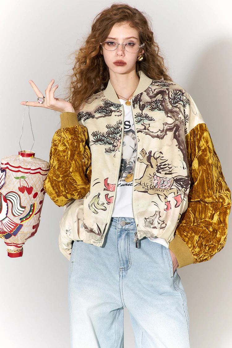 ELFSACK 2026 Oriental Royal Winter Jacket Women, Velvet Sleeve Horse Print Loose Coat, Winter Outerwear with Pine Print
