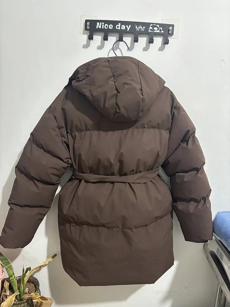 KUCLUT 2025 Winter Fashion Casual Lace-up Waisted Hooded Mid-Length Jacket For Women Solid Color Thickened Cotton Coat 1A1207