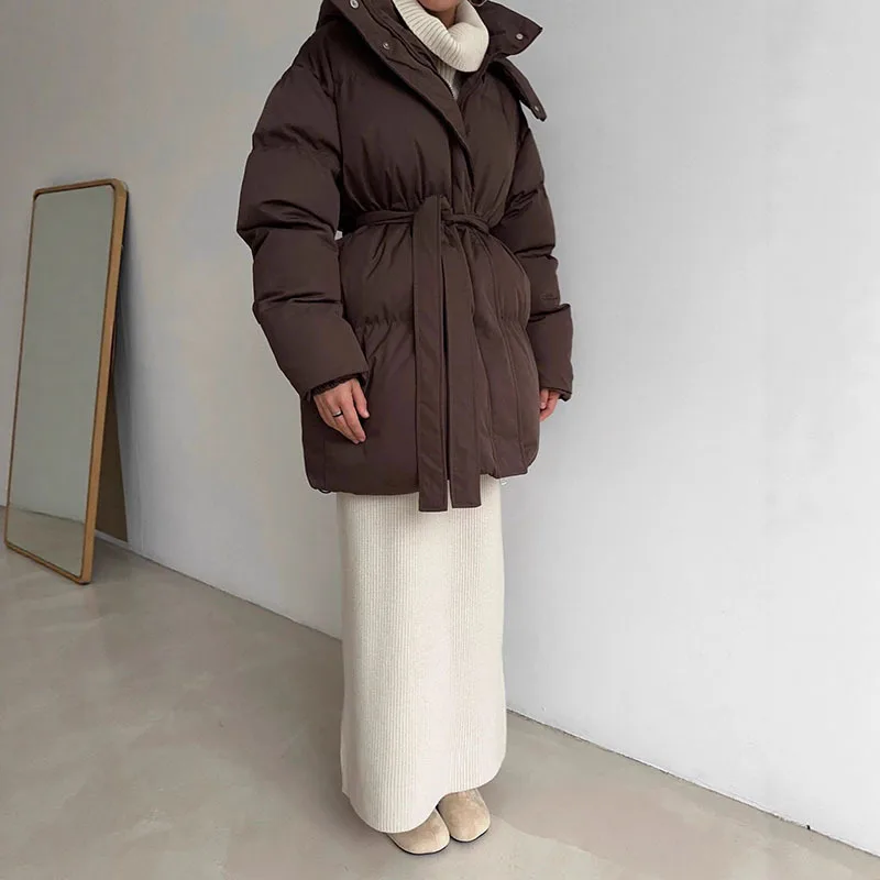 KUCLUT 2025 Winter Fashion Casual Lace-up Waisted Hooded Mid-Length Jacket For Women Solid Color Thickened Cotton Coat 1A1207