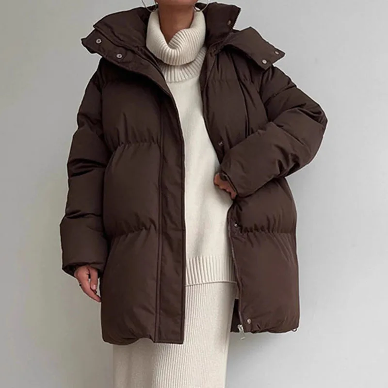 KUCLUT 2025 Winter Fashion Casual Lace-up Waisted Hooded Mid-Length Jacket For Women Solid Color Thickened Cotton Coat 1A1207