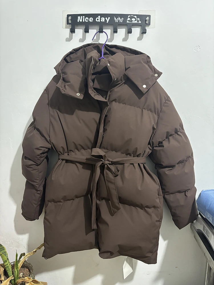 KUCLUT 2025 Winter Fashion Casual Lace-up Waisted Hooded Mid-Length Jacket For Women Solid Color Thickened Cotton Coat 1A1207