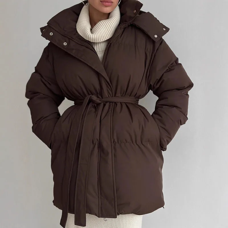 KUCLUT 2025 Winter Fashion Casual Lace-up Waisted Hooded Mid-Length Jacket For Women Solid Color Thickened Cotton Coat 1A1207