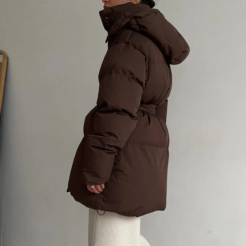 KUCLUT 2025 Winter Fashion Casual Lace-up Waisted Hooded Mid-Length Jacket For Women Solid Color Thickened Cotton Coat 1A1207