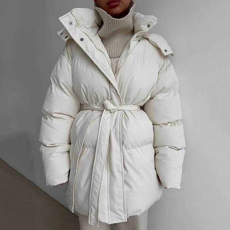 KUCLUT 2025 Winter Fashion Casual Lace-up Waisted Hooded Mid-Length Jacket For Women Solid Color Thickened Cotton Coat 1A1207