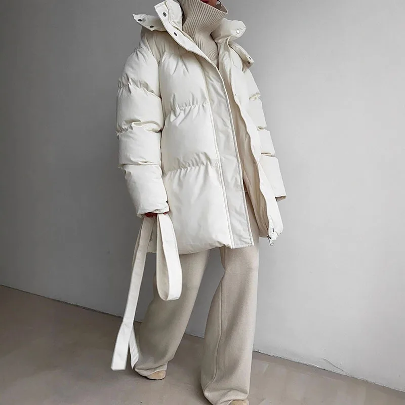 KUCLUT 2025 Winter Fashion Casual Lace-up Waisted Hooded Mid-Length Jacket For Women Solid Color Thickened Cotton Coat 1A1207