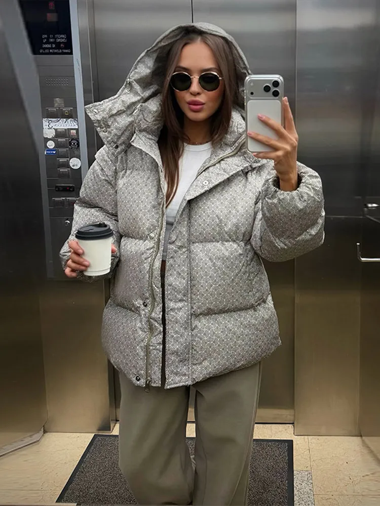 Printed Padded Coats For Women Hooded Jackets Trendy Casual Outerwear Winter Warmed Tops Waist-Cinching Woman Fashion Clothes