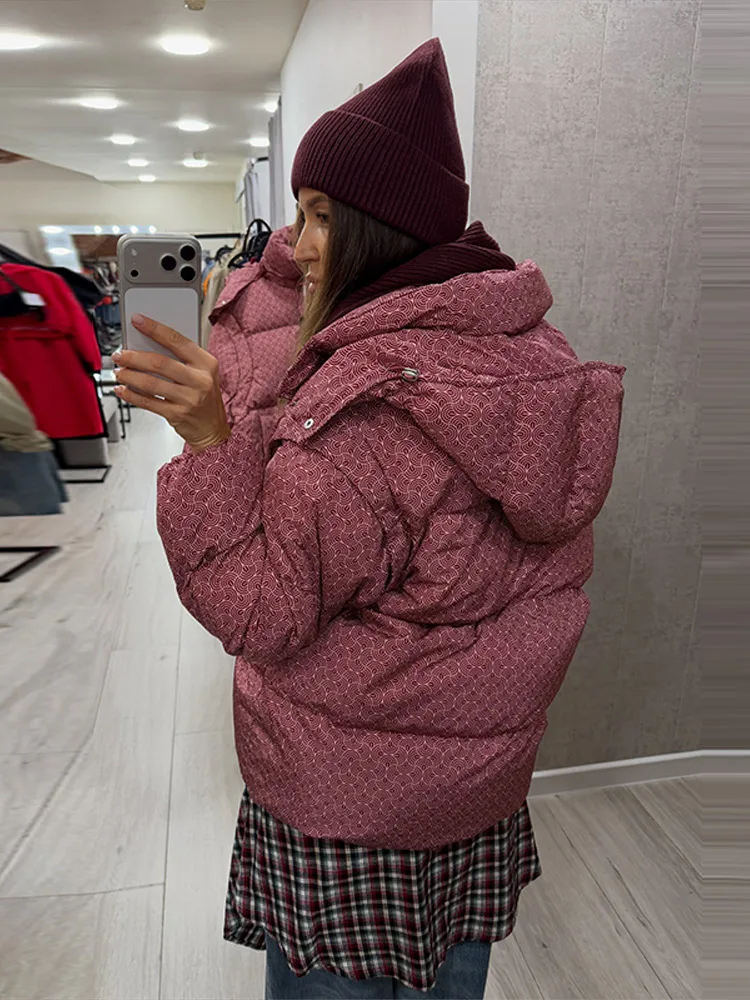 Printed Padded Coats For Women Hooded Jackets Trendy Casual Outerwear Winter Warmed Tops Waist-Cinching Woman Fashion Clothes