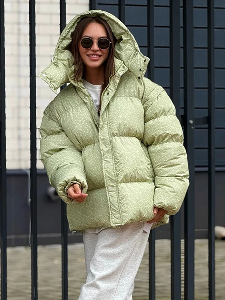 Printed Padded Coats For Women Hooded Jackets Trendy Casual Outerwear Winter Warmed Tops Waist-Cinching Woman Fashion Clothes