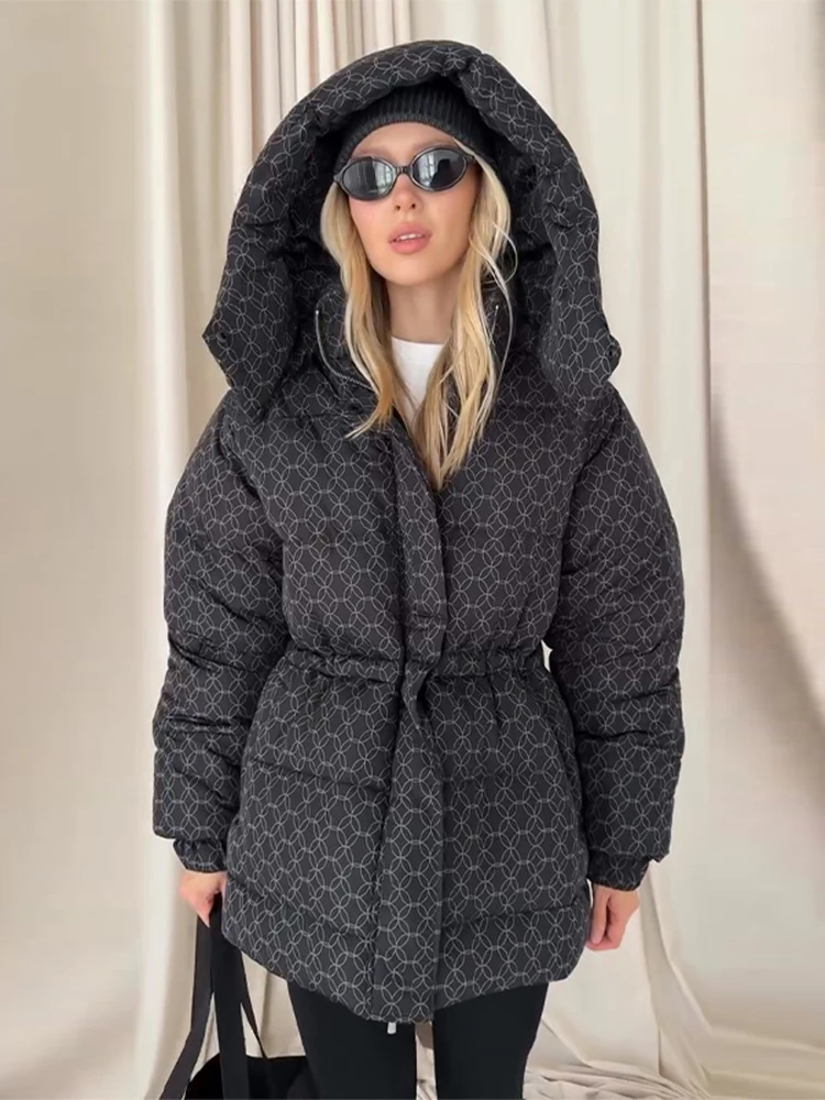 Printed Padded Coats For Women Hooded Jackets Trendy Casual Outerwear Winter Warmed Tops Waist-Cinching Woman Fashion Clothes