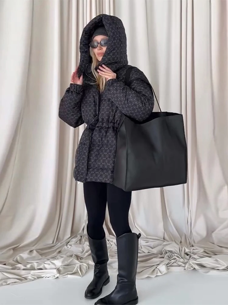 Printed Padded Coats For Women Hooded Jackets Trendy Casual Outerwear Winter Warmed Tops Waist-Cinching Woman Fashion Clothes