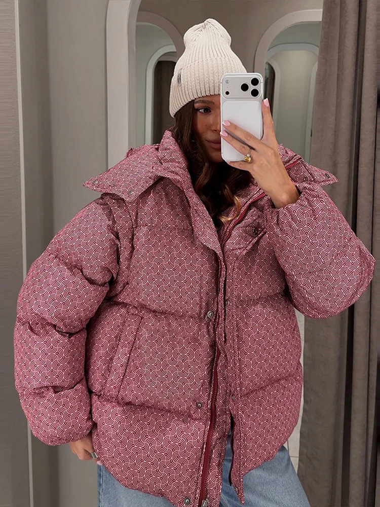 Printed Padded Coats For Women Hooded Jackets Trendy Casual Outerwear Winter Warmed Tops Waist-Cinching Woman Fashion Clothes