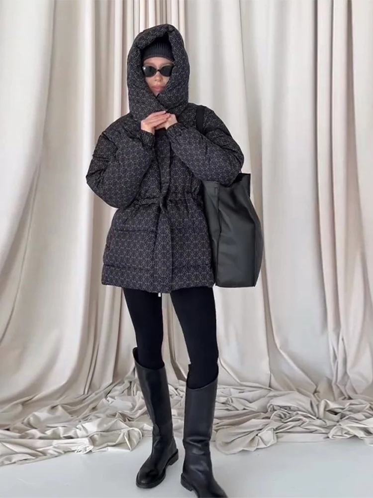 Printed Padded Coats For Women Hooded Jackets Trendy Casual Outerwear Winter Warmed Tops Waist-Cinching Woman Fashion Clothes