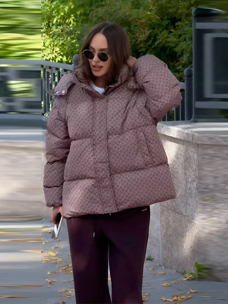 Printed Padded Coats For Women Hooded Jackets Trendy Casual Outerwear Winter Warmed Tops Waist-Cinching Woman Fashion Clothes