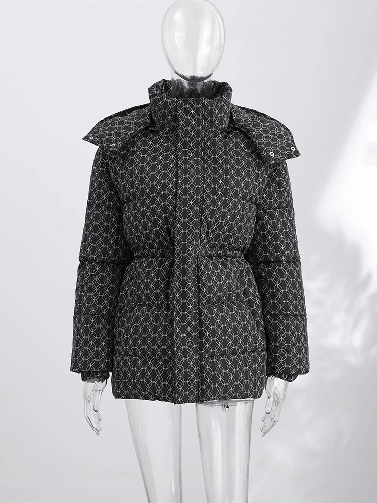 Printed Padded Coats For Women Hooded Jackets Trendy Casual Outerwear Winter Warmed Tops Waist-Cinching Woman Fashion Clothes