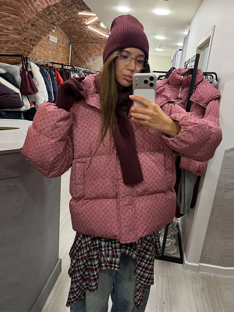 Printed Padded Coats For Women Hooded Jackets Trendy Casual Outerwear Winter Warmed Tops Waist-Cinching Woman Fashion Clothes